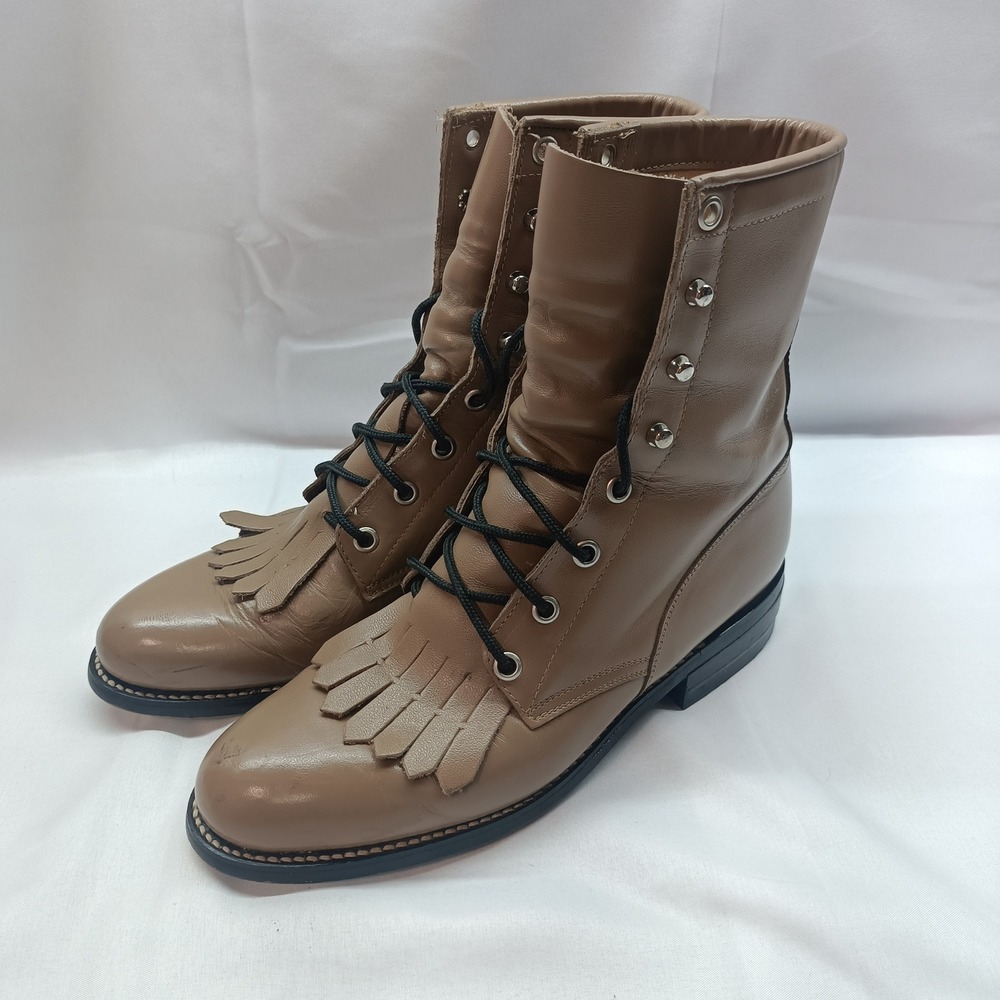 Diamond J Boots Womens Tan Leather Lace Up Kiltie Western Boots Size 5.5C‎